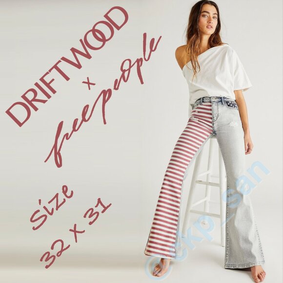 Free People x Driftwood Farrah Embroidered Flare Jeans Sz 32